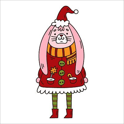 圣诞可爱的兔子穿着圣诞老人的服装，涂鸦孩子插画