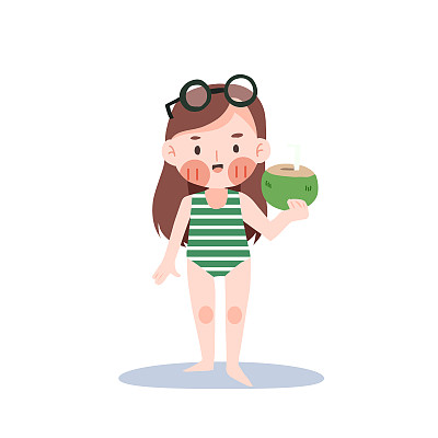 沙滩夏日概念。可爱的卡哇伊女孩在泳衣贴纸。