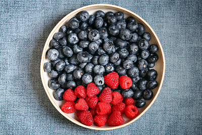 新鲜的树莓和蓝莓在碗里。健康的零食。浆果做甜点。特写镜头。
