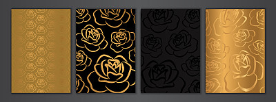 奢华的玫瑰背景纹理设置在黑色和金色。花框系列