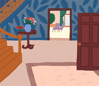 矢量插画的舒适的家庭内部，入口大厅的楼梯，鲜花。复古风格的室内插画。矢量图