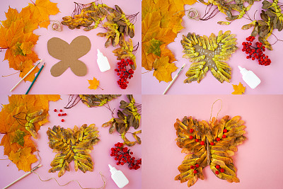 拼贴diy由天然材料，秋叶，浆果，儿童工艺品。