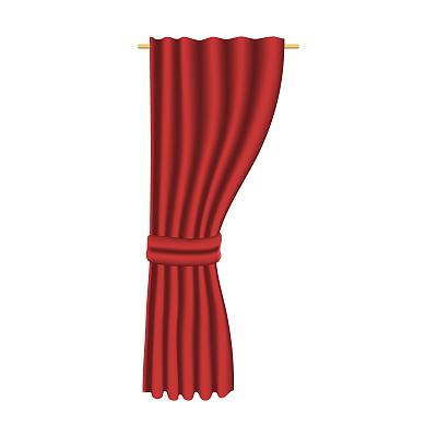 窗帘的侧面部分由红色织物制成的卡通矢量插画。豪华窗帘和舞台，电影或歌剧窗帘。婚礼封套装饰