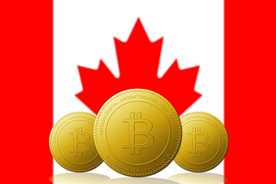 三比特币加密货币与加拿大国旗的背景3D插图