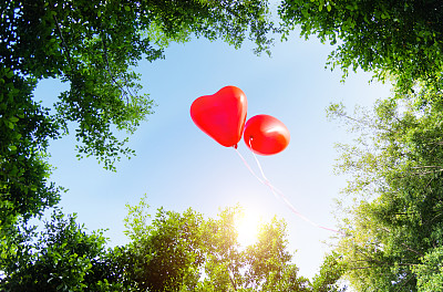 两个心形气球漂浮在绿树上