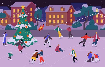 寒假人们在溜冰场滑冰。欢乐活跃的人物在小镇户外溜冰，城市用圣诞装饰，圣诞枞树。冬天的乐趣，假期。平面矢量图