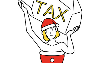一个打扮成圣诞老人的女人因税收增加而受苦的简单线条插画