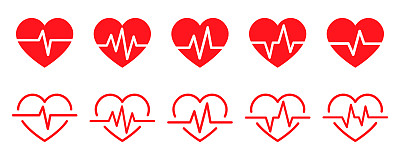 一组心跳矢量图标。脉搏还是节律红心。