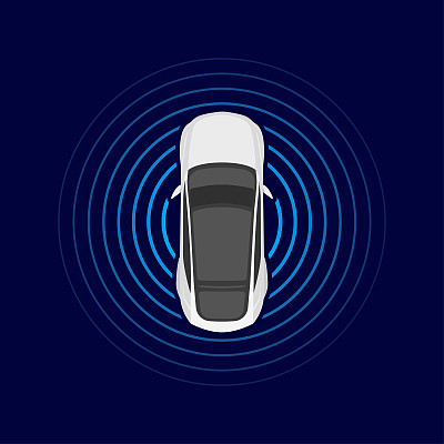 自动驾驶汽车俯视图。装有雷达感应系统的自动驾驶车辆。无人驾驶汽车上路。向量