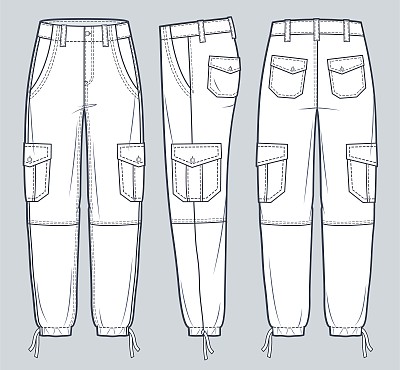 工装裤技术时尚插图。牛仔裤裤子时尚平面技术图纸模板，口袋，前，侧和后视图，白色，女性，男性，男女通用的CAD模型。