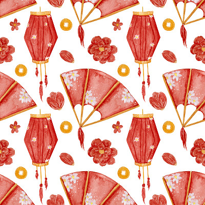 水彩图案，纸灯笼，红扇，花和金币。无缝彩色图案，中国新年风格。