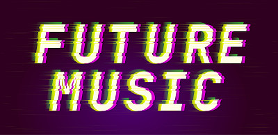 未来的音乐。故障风格的数字字体引用。印刷术未来的创意设计。时髦的刻字现代概念。绿色和粉色扭曲的通道。向量