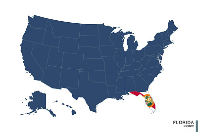 美国蓝色地图上的佛罗里达州。佛罗里达的国旗和地图。