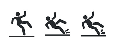 黑色剪影警告，警告符号与棍棒人的形象跌倒由于潮湿的地板或绊倒，安全标志