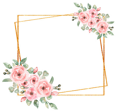 水彩画精致的牡丹花花束框剪贴画，粉红色花园花边界插图，花花环，玫瑰夹艺术。婚礼请柬，婴儿送礼会，卡片制作