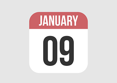 1月9日图标隔离在背景上。用红色表示星期和月份的日期。