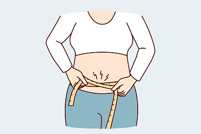 女人想减掉多余的体重，测量腰围来跟踪训练的结果。矢量图