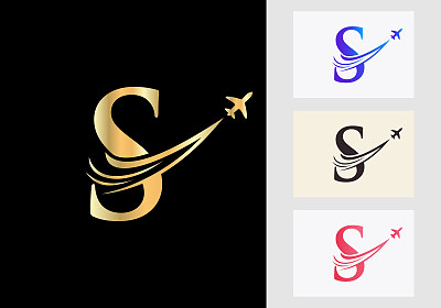 字母S旅行标志概念与飞行的飞机符号