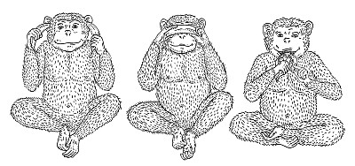 三只聪明的猴子。看不见，听不见，说不出。的雕刻