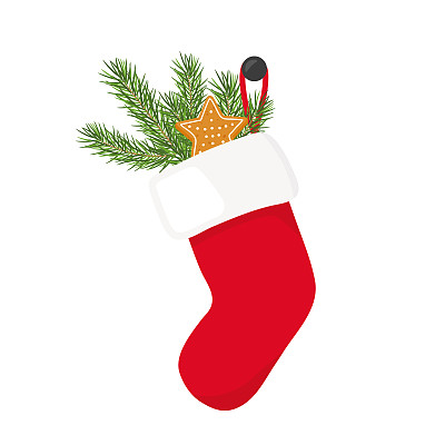挂着冷杉树枝和姜饼饼干的圣诞袜