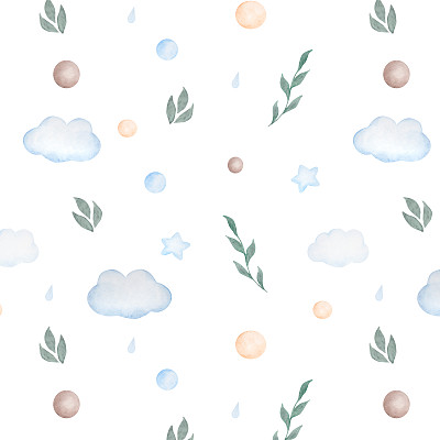 水彩无缝模式与云，球，叶子和星星在蓝色的白色背景