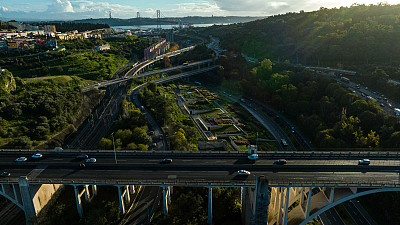 从高速公路和与其他目的地的不同连接处俯瞰里斯本的航拍图像