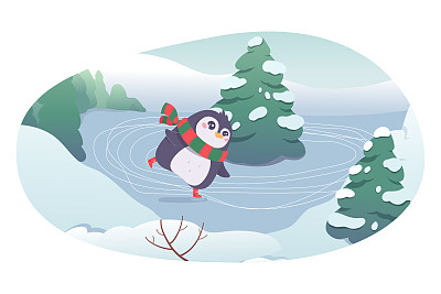 可爱的企鹅滑冰矢量插图。卡通孤立有趣的动物溜冰者性格与冰鞋和围巾在冰场，运动和冬季休闲在寒冷的季节有趣的企鹅在森林