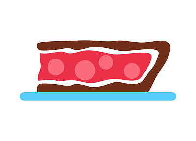 巧克力派片，白色背景上有浆果。美味的烤樱桃夹心。抽象的面包店标志。酥皮平整明亮。最小的食品标志设计矢量插图。