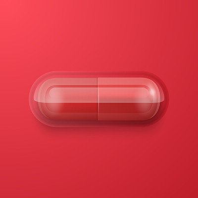 矢量3d现实红色医药药丸，胶囊，片剂在红色背景。顶部，前视图。平的。副本的空间。医学，女性健康观念