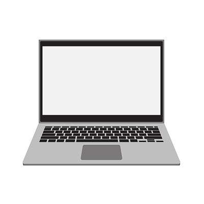 现实的透视前笔记本电脑与键盘隔离倾斜90度。电脑笔记本与空屏幕模板。带有键盘背景的移动计算机的前视图。