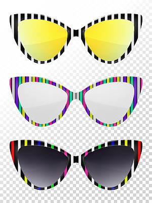 太阳镜。时髦的太阳镜颜色。夏天的眼镜。时尚集合。暑假用品。热带旅行太阳镜。猫眼边缘风格。复古趋势向量。