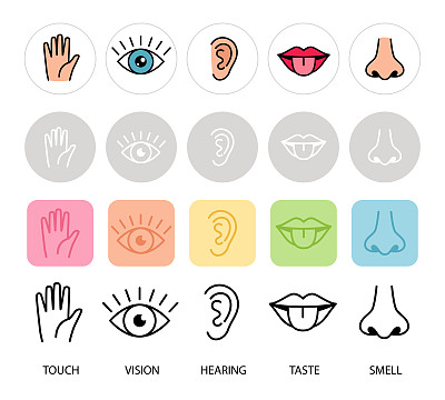 人类的感情。五感矢量插图。嘴唇，手，鼻子，眼睛和耳朵图标。嗅觉，触觉，听觉，感官和味觉都是象形图