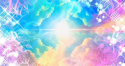 梦幻背景插图的钢笔画框彩色玫瑰和美丽的彩虹云海和天堂的光。