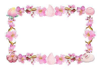 水彩手绘的日本传统糖果。春日和樱花方框。孤立在白色背景上。设计邀请函，餐厅菜单，贺卡，印刷，纺织