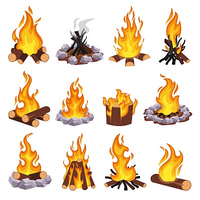 卡通篝火。木篝火，燃烧的原木和野石火坑。堆叠柴火类型和灭火矢量插图集