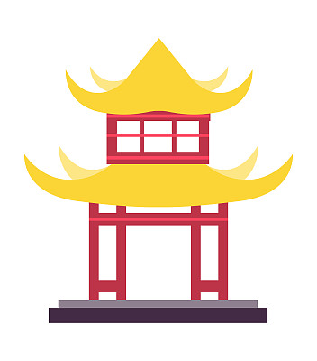 中国传统建筑中金色屋顶的传统大门。矢量插图隔离设计