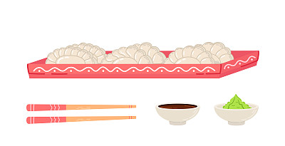 日式饺子放在盘子里，配上筷子，酱油和芥末。