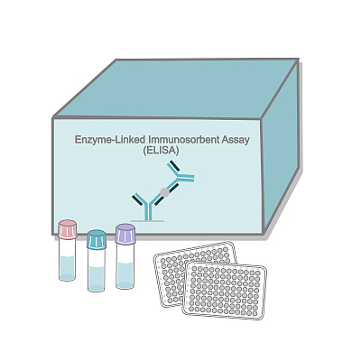 酶联免疫吸附试验(ELISA)检测试剂盒，用于研究或诊断领域的目标分子检测，以含重要溶液的检测箱和试管图标模型表示。