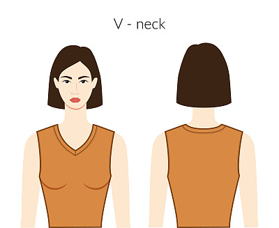 V领服装针织，毛衣人物女士在赭石上衣，衬衫，连衣裙技术时尚插图与合身的身体。平板服装模板正面，背面。女人，男人男女皆宜的CAD模型