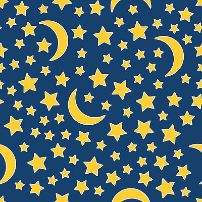 暗色背景上新月和星星的无缝图案。夜空繁星点点。明亮的婴儿形象睡觉。