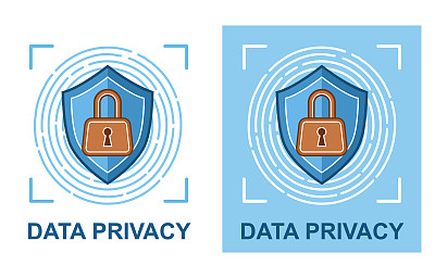 盾牌数据隐私保护，网络安全，指纹扫描人识别图标。保密的私人信息保护。移动手指触摸识别。安全在线连接。向量