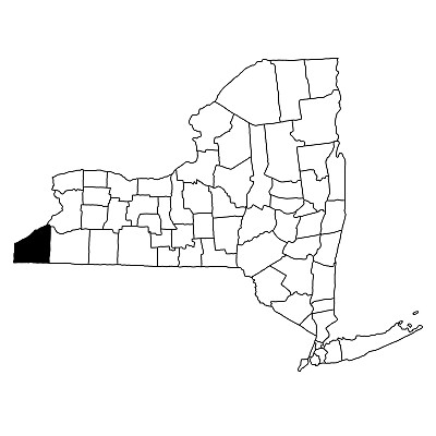 白色背景的纽约州肖托夸县地图。纽约地图上的单个县用黑色突出显示。