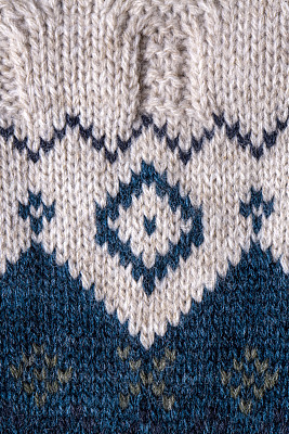 针织质地。羊毛制的花纹织物背景，复制空间。手工织毛衣质地，针织羊毛图案