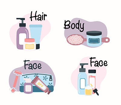 集化妆品元素于一身。美容，身体，头发，皮肤护理工具。