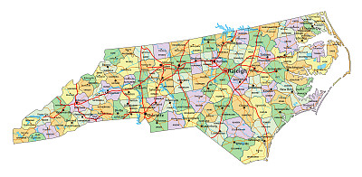北卡罗莱纳州-高度详细的可编辑的政治地图与标签。