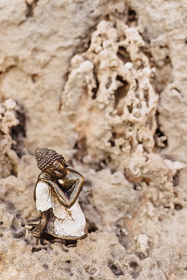 慈悲佛像坐在美丽的海石结构上