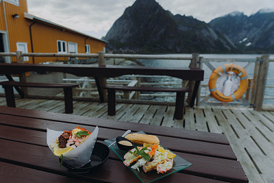 美味的海鲜餐与峡湾的观点罗浮敦群岛