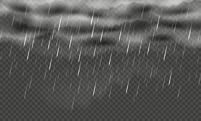 雨天的背景。潮湿的天气，多雨的天空有云和下落的雨滴。孤立的降雨叠加现实矢量插图