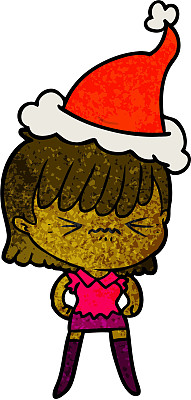 烦恼的手绘纹理卡通女孩戴着圣诞老人的帽子
