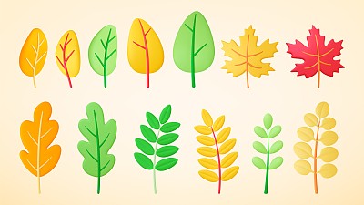 抽象三维树叶和树木。大自然逼真的橡皮泥元素，绿油油的黄树。橡树和枫叶，秋、夏各种矢量枝干